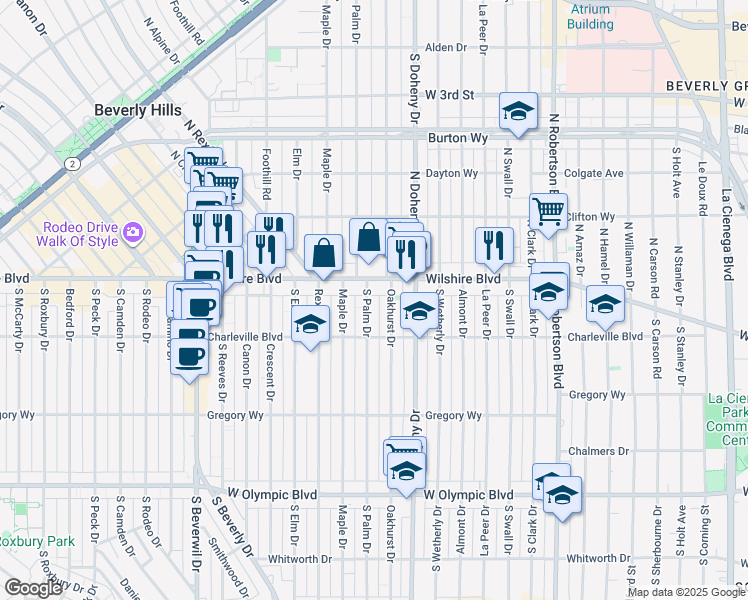 map of restaurants, bars, coffee shops, grocery stores, and more near 120 South Palm Drive in Beverly Hills