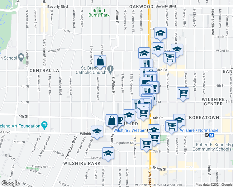 map of restaurants, bars, coffee shops, grocery stores, and more near 428 South Wilton Place in Los Angeles