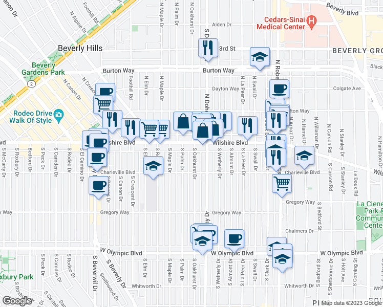 map of restaurants, bars, coffee shops, grocery stores, and more near 125 South Oakhurst Drive in Beverly Hills