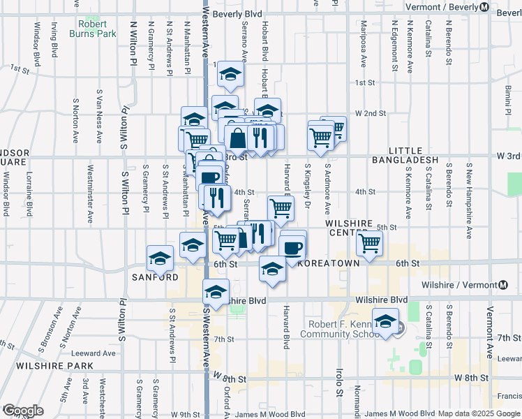 map of restaurants, bars, coffee shops, grocery stores, and more near 433 South Hobart Boulevard in Los Angeles