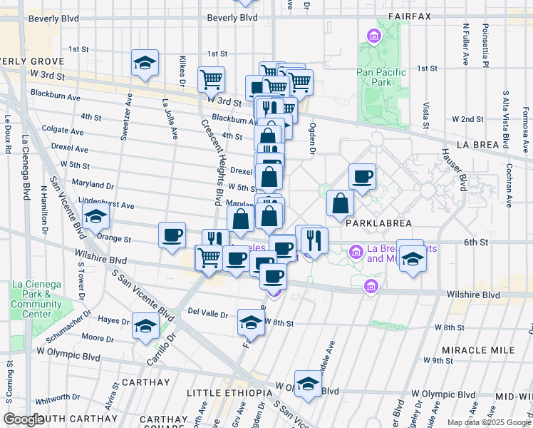 map of restaurants, bars, coffee shops, grocery stores, and more near 533 South Fairfax Avenue in Los Angeles