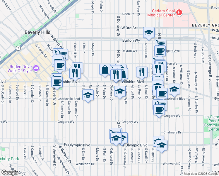 map of restaurants, bars, coffee shops, grocery stores, and more near 125 South Oakhurst Drive in Beverly Hills
