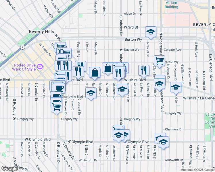 map of restaurants, bars, coffee shops, grocery stores, and more near 120 South Palm Drive in Beverly Hills