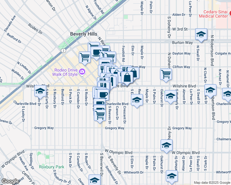 map of restaurants, bars, coffee shops, grocery stores, and more near 121 Canon Drive in Beverly Hills