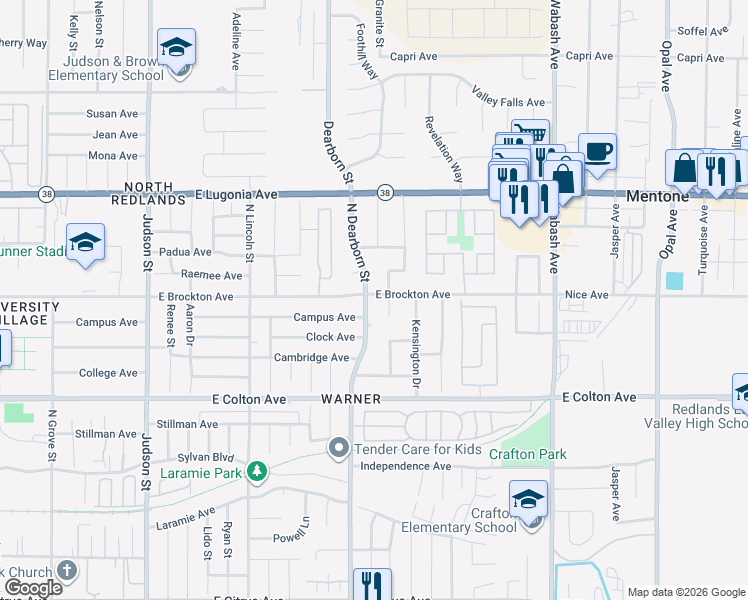 map of restaurants, bars, coffee shops, grocery stores, and more near 1602 East Brockton Avenue in Redlands