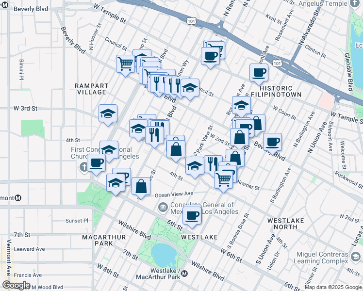 map of restaurants, bars, coffee shops, grocery stores, and more near 247 South Carondelet Street in Los Angeles