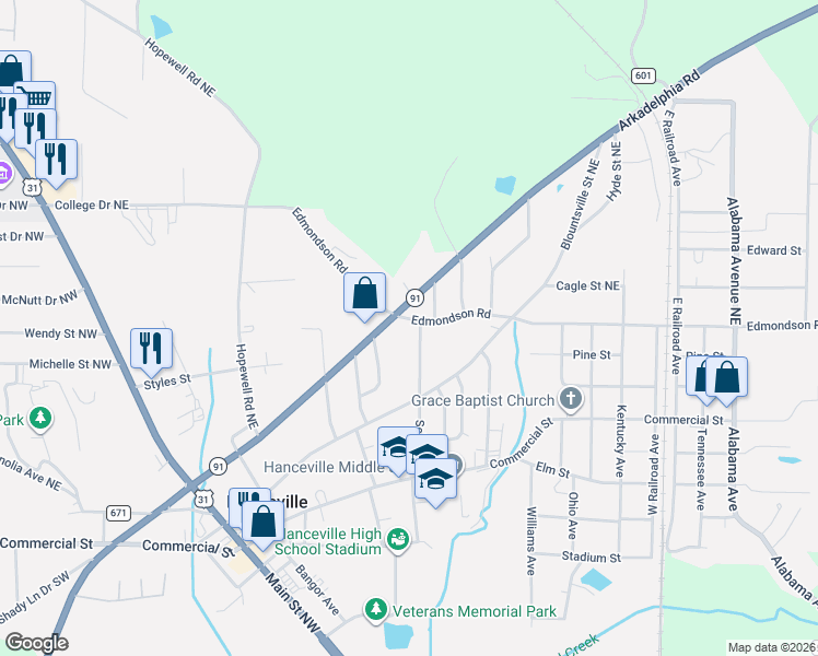 map of restaurants, bars, coffee shops, grocery stores, and more near 319 Self Avenue Northeast in Hanceville