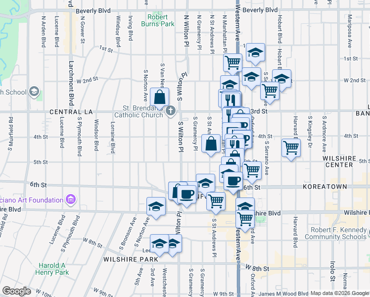 map of restaurants, bars, coffee shops, grocery stores, and more near 428 South Wilton Place in Los Angeles