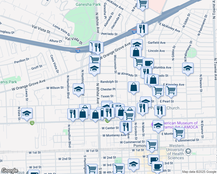 map of restaurants, bars, coffee shops, grocery stores, and more near 443 Chester Pl in Pomona