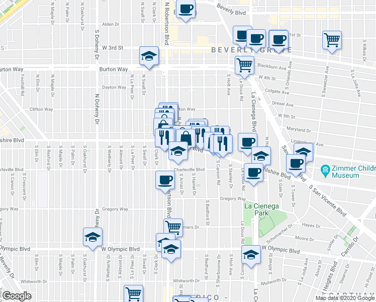 map of restaurants, bars, coffee shops, grocery stores, and more near 86 South Hamel Drive in Beverly Hills
