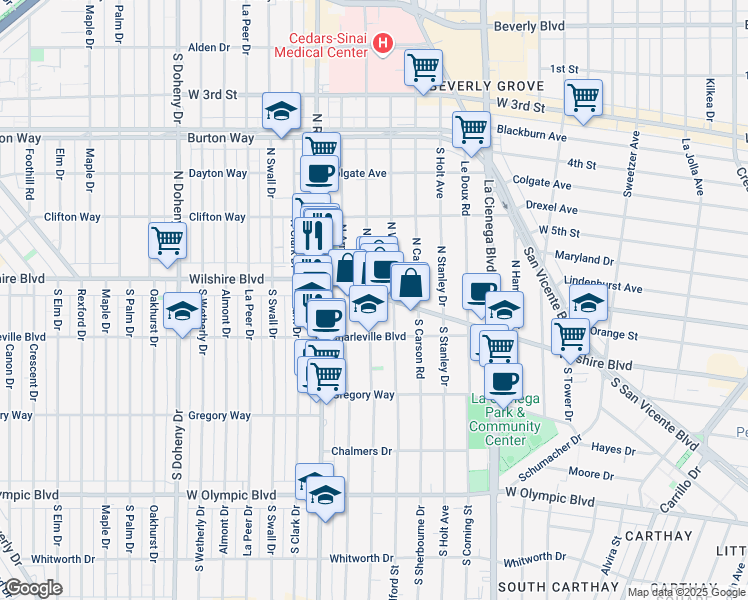 map of restaurants, bars, coffee shops, grocery stores, and more near 86 South Hamel Drive in Beverly Hills