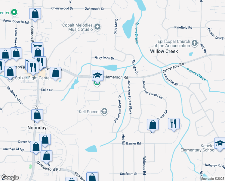 map of restaurants, bars, coffee shops, grocery stores, and more near 1374 Smokey Mountain Court in Marietta