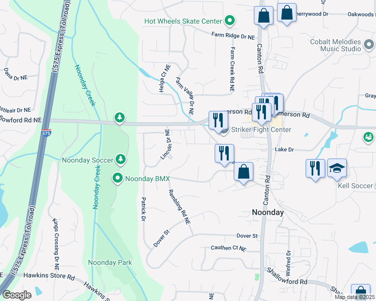 map of restaurants, bars, coffee shops, grocery stores, and more near 4718 Rambling Road Northeast in Kennesaw