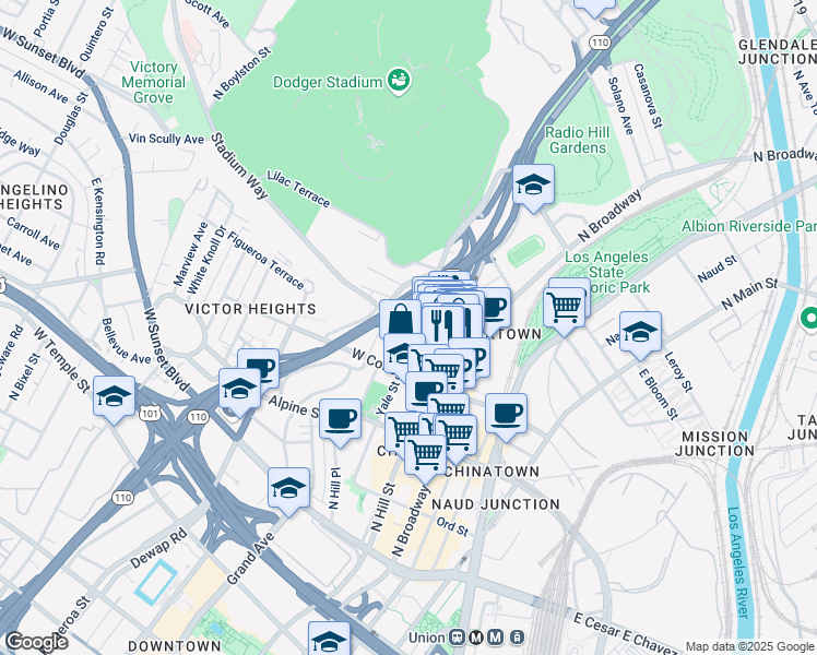 map of restaurants, bars, coffee shops, grocery stores, and more near 947 Yale Street in Los Angeles