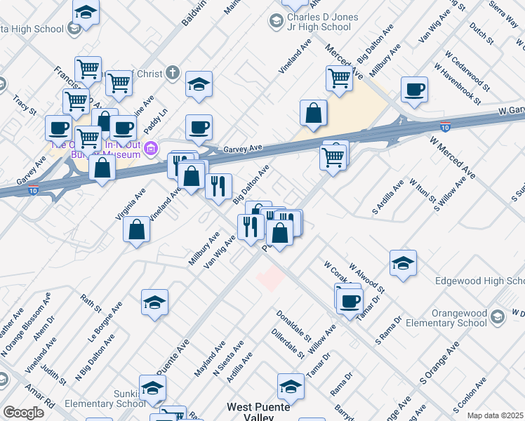 map of restaurants, bars, coffee shops, grocery stores, and more near 1661 Puente Avenue in Baldwin Park