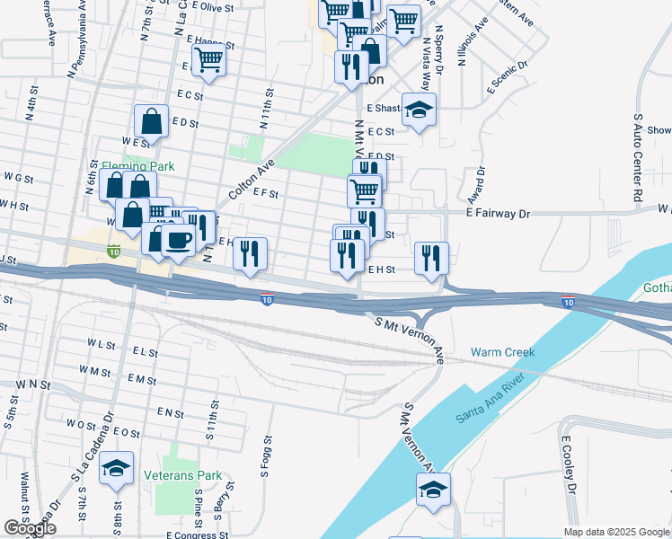 map of restaurants, bars, coffee shops, grocery stores, and more near 692 East H Street in Colton