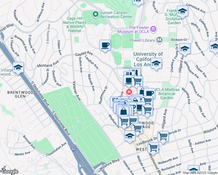 map of restaurants, bars, coffee shops, grocery stores, and more near 10966 Strathmore Drive in Los Angeles