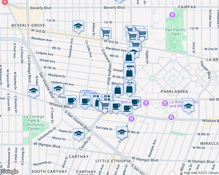 map of restaurants, bars, coffee shops, grocery stores, and more near 6307 Lindenhurst Avenue in West Hollywood