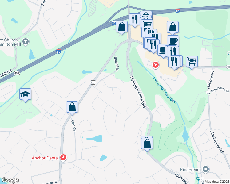 map of restaurants, bars, coffee shops, grocery stores, and more near 2125 Stancil Park Lane in Dacula