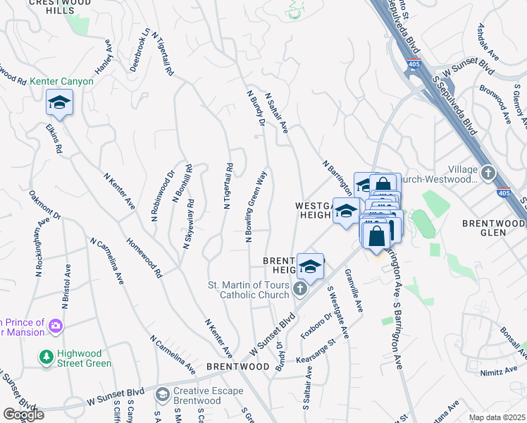 map of restaurants, bars, coffee shops, grocery stores, and more near 427 North Bundy Drive in Los Angeles