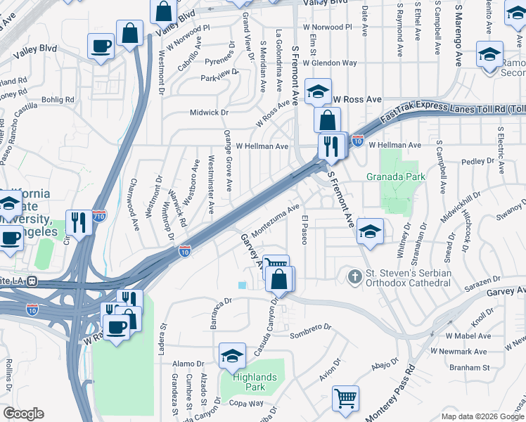 map of restaurants, bars, coffee shops, grocery stores, and more near 2720 West Ramona Road in Alhambra
