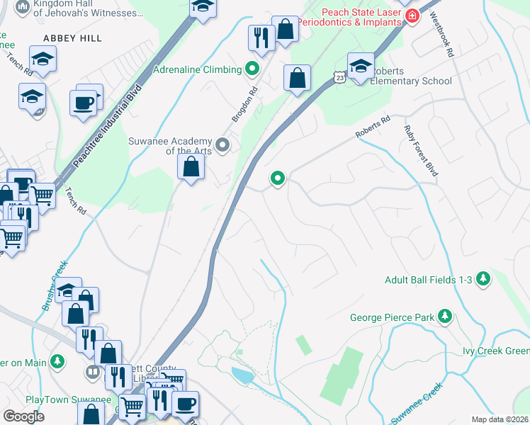 map of restaurants, bars, coffee shops, grocery stores, and more near 4150 Cherry Ridge Walk in Suwanee