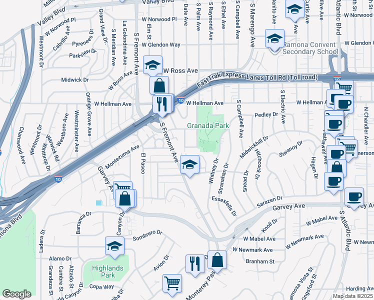 map of restaurants, bars, coffee shops, grocery stores, and more near 2118 San Clemente Avenue in Alhambra