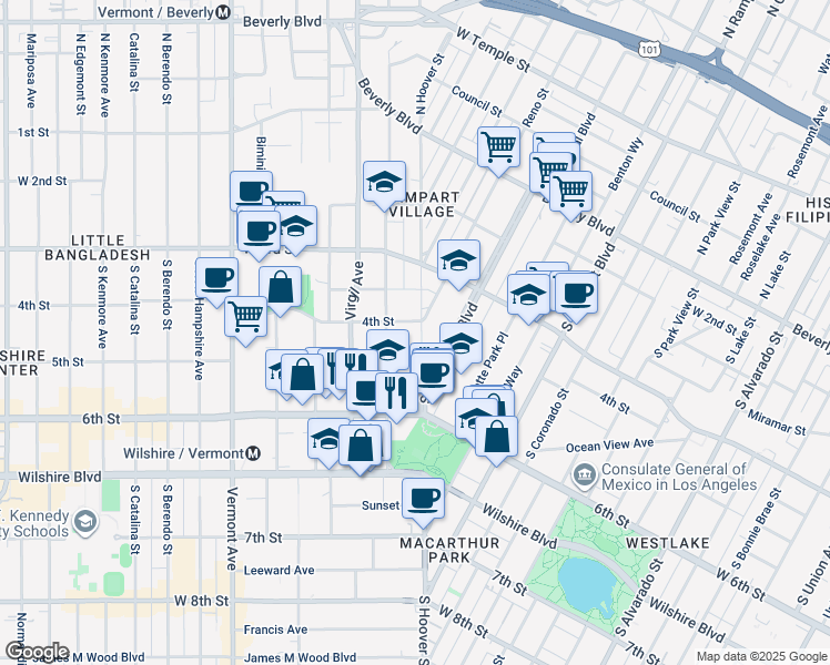 map of restaurants, bars, coffee shops, grocery stores, and more near 401 South Hoover Street in Los Angeles
