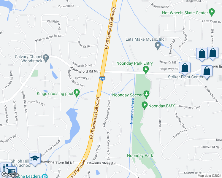 map of restaurants, bars, coffee shops, grocery stores, and more near 4755 Kings Crossing Drive Northeast in Kennesaw