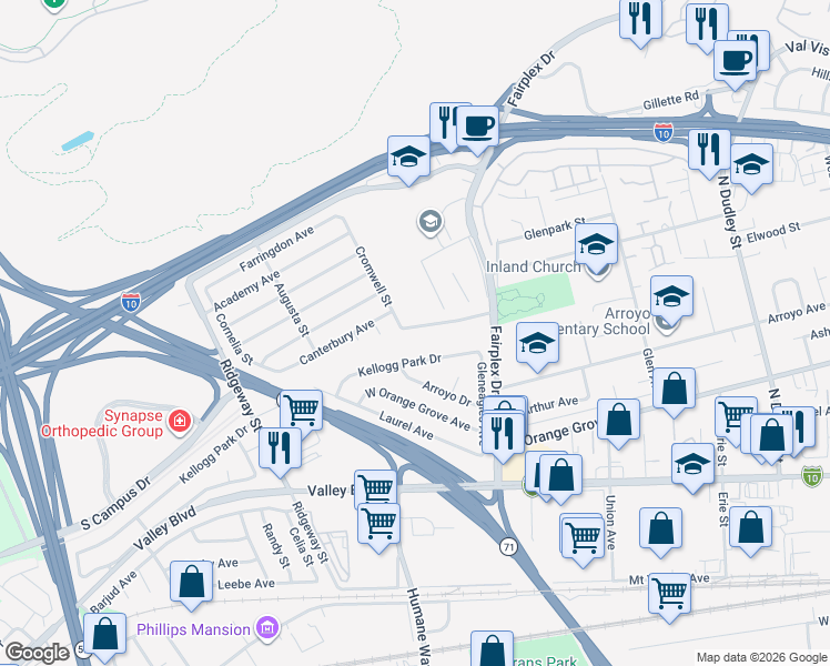 map of restaurants, bars, coffee shops, grocery stores, and more near 2184 Avalon Avenue in Pomona