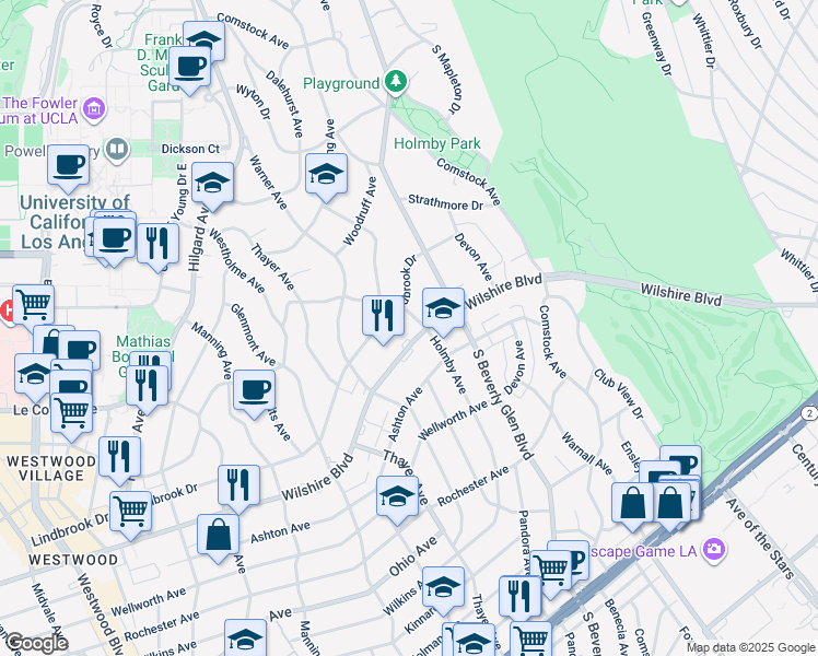 map of restaurants, bars, coffee shops, grocery stores, and more near 10433 Wilshire Boulevard in Los Angeles