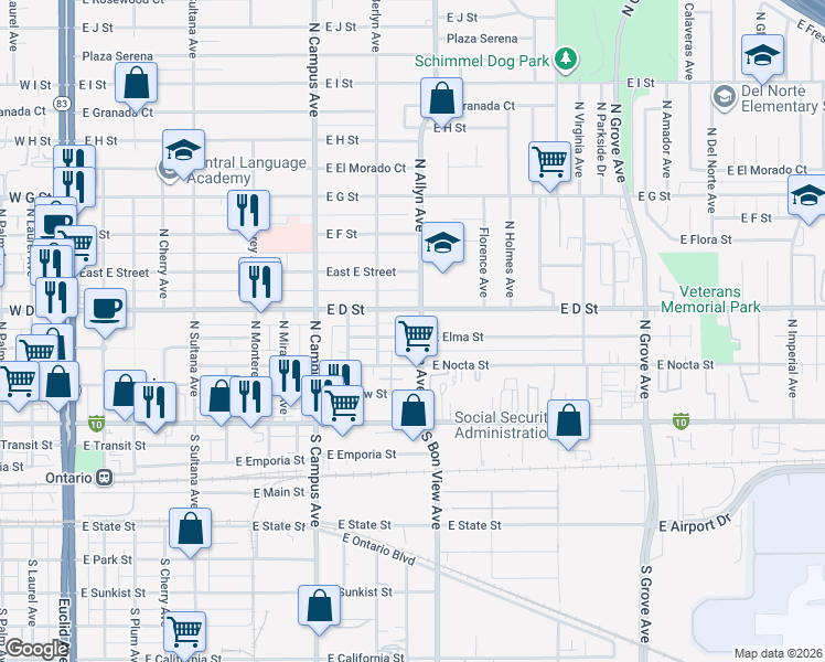 map of restaurants, bars, coffee shops, grocery stores, and more near 839 East Elma Street in Ontario
