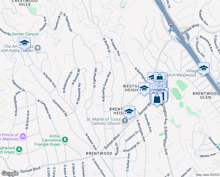 map of restaurants, bars, coffee shops, grocery stores, and more near 427 North Bundy Drive in Los Angeles