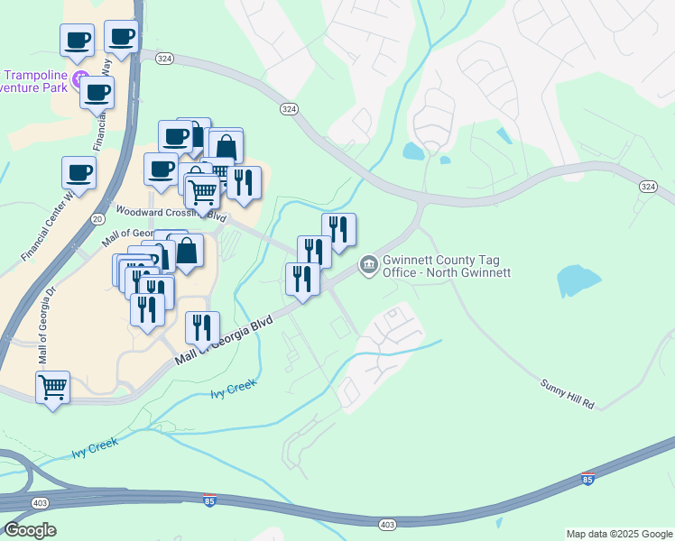 map of restaurants, bars, coffee shops, grocery stores, and more near 107 Woodward Crossing Boulevard in Buford