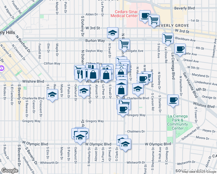 map of restaurants, bars, coffee shops, grocery stores, and more near 121 South Swall Drive in Beverly Hills