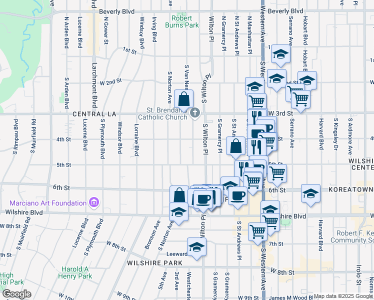 map of restaurants, bars, coffee shops, grocery stores, and more near 421 South Van Ness Avenue in Los Angeles