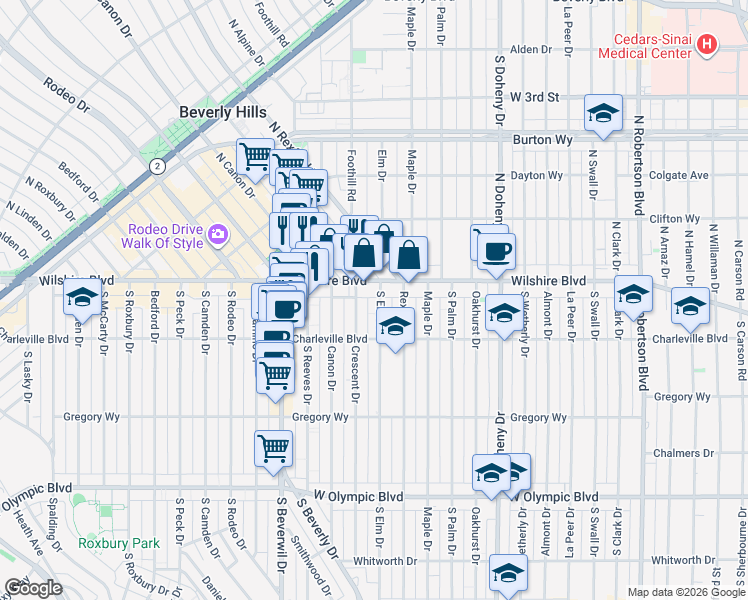 map of restaurants, bars, coffee shops, grocery stores, and more near in Beverly Hills