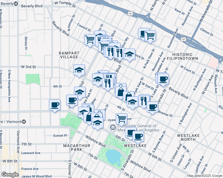 map of restaurants, bars, coffee shops, grocery stores, and more near 269 South Coronado Street in Los Angeles
