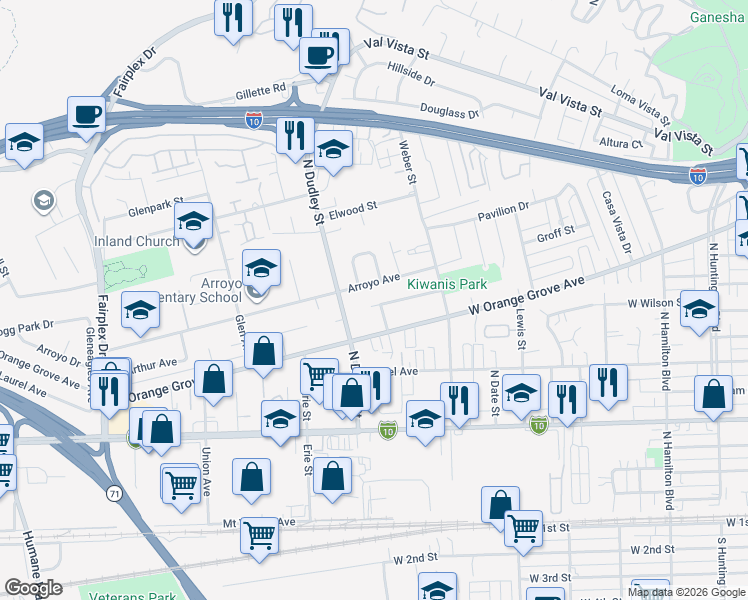 map of restaurants, bars, coffee shops, grocery stores, and more near 1433 Ashport Street in Pomona