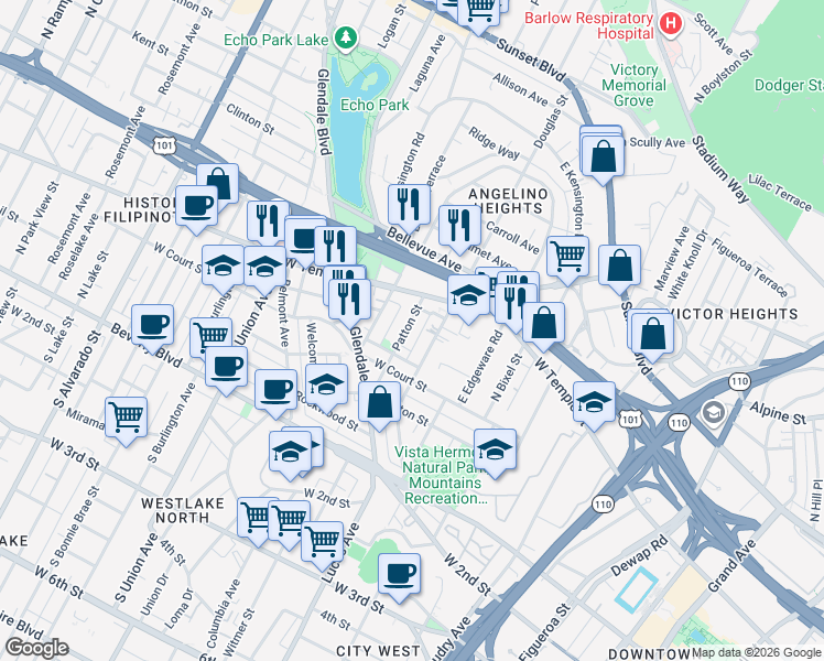 map of restaurants, bars, coffee shops, grocery stores, and more near 348 Patton Street in Los Angeles