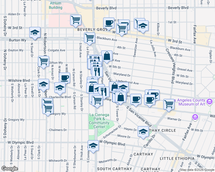 map of restaurants, bars, coffee shops, grocery stores, and more near 125 North Gale Drive in Beverly Hills