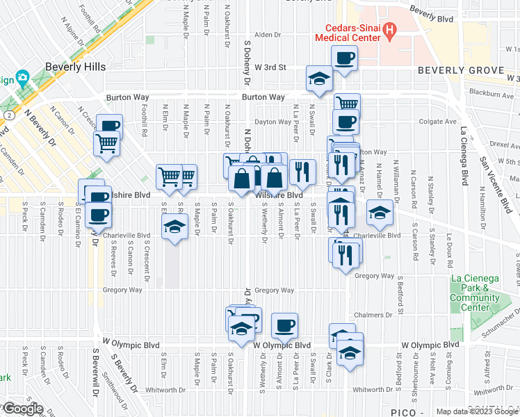 map of restaurants, bars, coffee shops, grocery stores, and more near 121 South Wetherly Drive in Beverly Hills