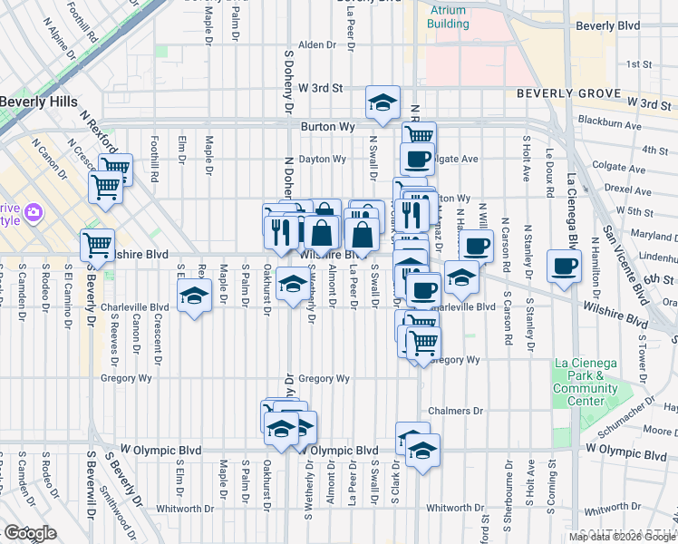 map of restaurants, bars, coffee shops, grocery stores, and more near 120 South Almont Drive in Beverly Hills