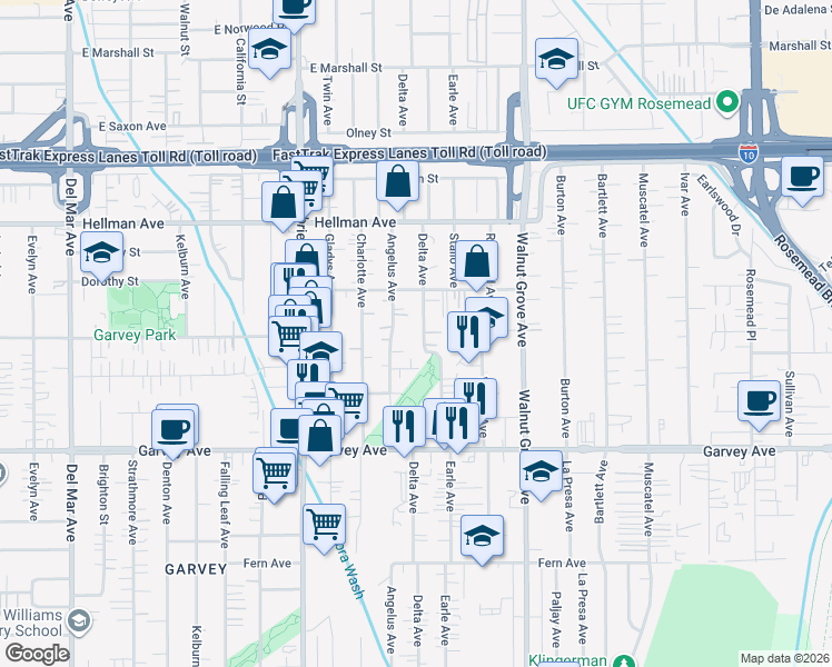 map of restaurants, bars, coffee shops, grocery stores, and more near 3203 Delta Place in Rosemead
