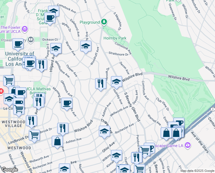 map of restaurants, bars, coffee shops, grocery stores, and more near 10433 Wilshire Boulevard in Los Angeles