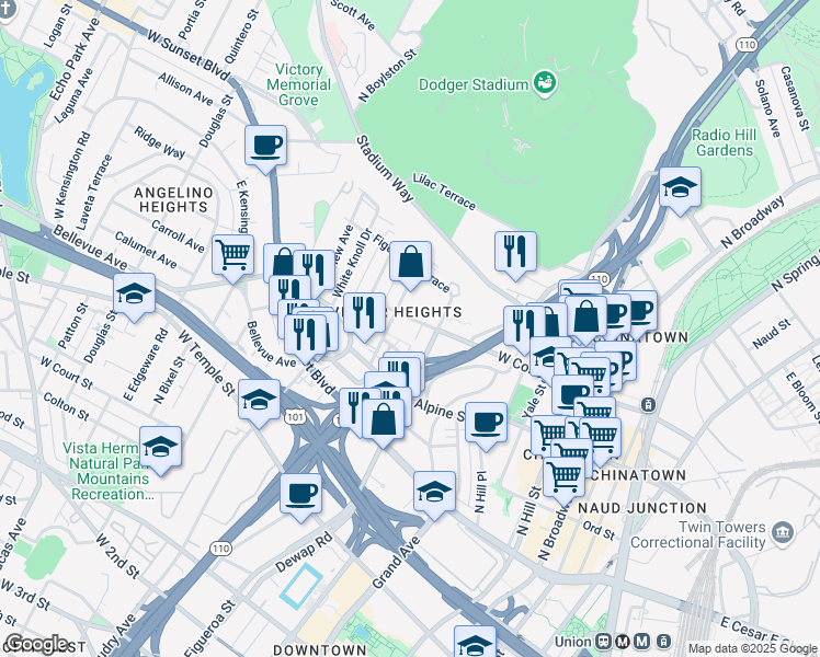 map of restaurants, bars, coffee shops, grocery stores, and more near 918 West College Street in Los Angeles