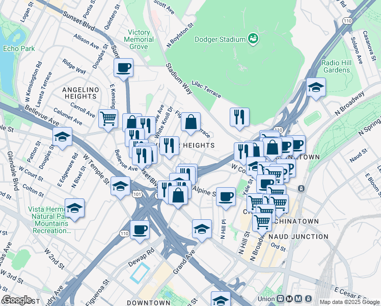 map of restaurants, bars, coffee shops, grocery stores, and more near 918 West College Street in Los Angeles