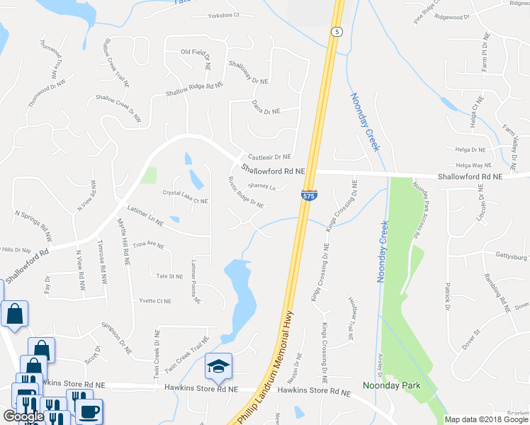 map of restaurants, bars, coffee shops, grocery stores, and more near 292 Rustic Ridge Drive in Kennesaw