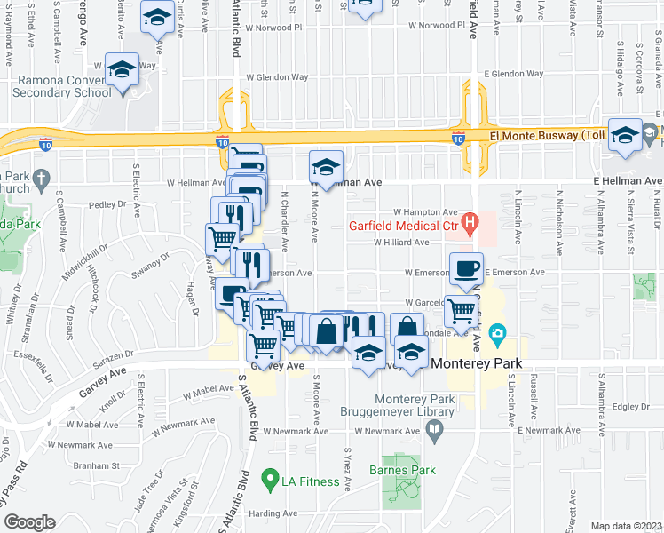 map of restaurants, bars, coffee shops, grocery stores, and more near 407 North Ynez Avenue in Monterey Park