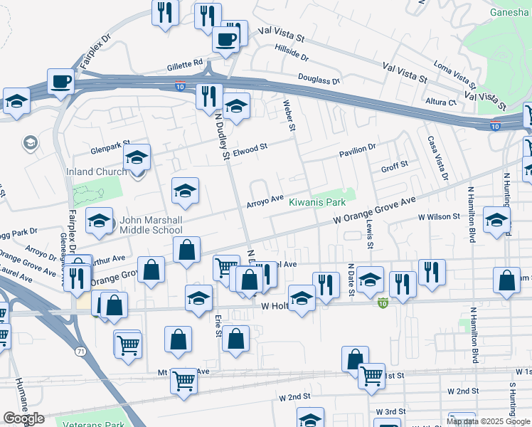 map of restaurants, bars, coffee shops, grocery stores, and more near 1433 Ashport Street in Pomona